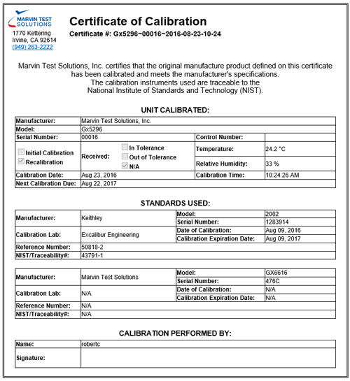 CalEasy Calibration Certificate